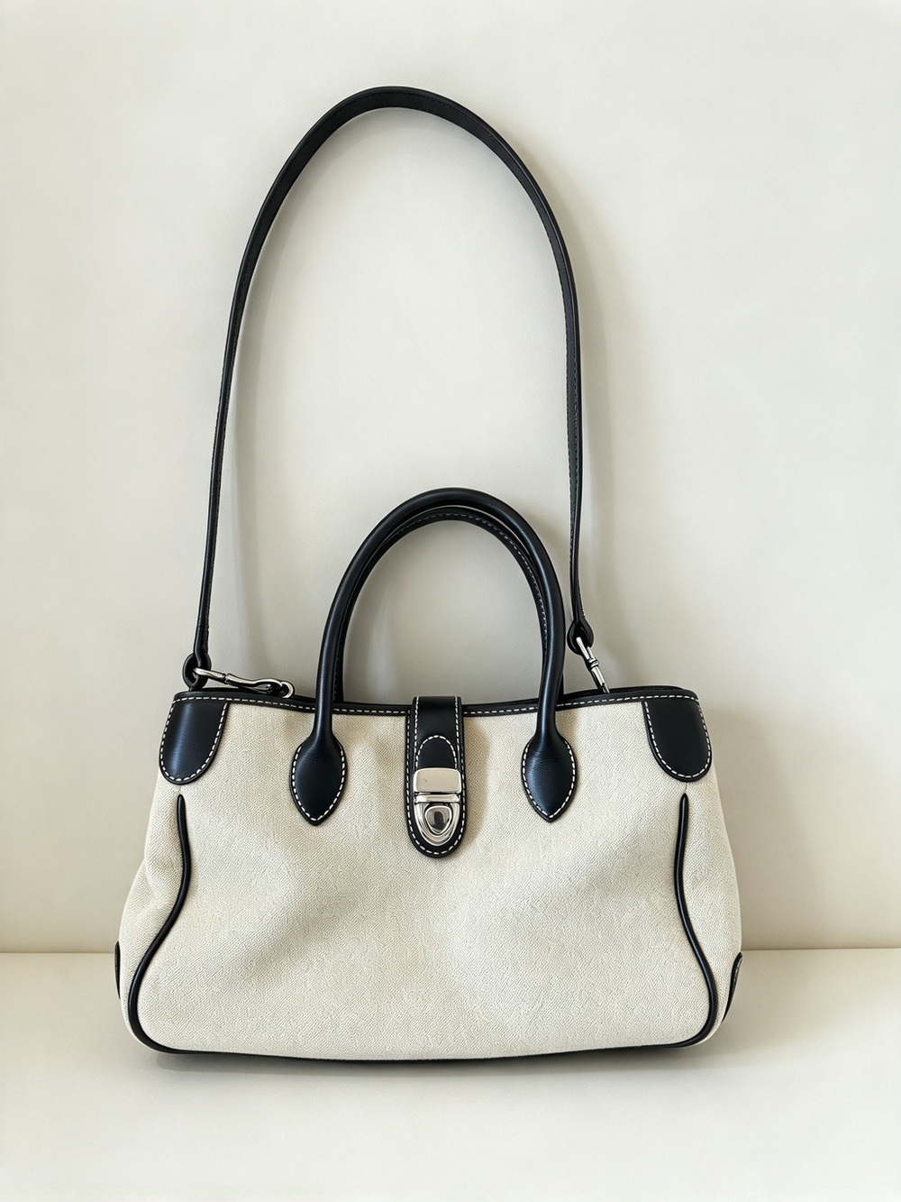 Dooney & Bourke Monogram Canvas Leather Satchel Shoulder Bag Cream Black
